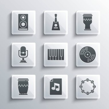 Müzik kitabını nota, tef, vinil disk, Grand piano, Drum, Mikrofon, Stereo hoparlör ve simge ile ayarla. Vektör