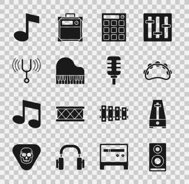 Stereo hoparlörünü ayarla, sarkaçlı Metronome, tef, davul makinesi, Grand piano, müzikal diyapazon, nota, ton ve mikrofon ikonu. Vektör