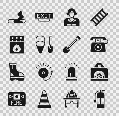 Yangın söndürücü, şömine, telefon 911 'i ara, itfaiyeci, kürek ve kova, kibrit kutusu kibriti, sigara ve ikon. Vektör