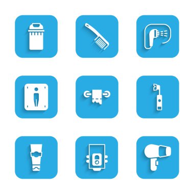 Tuvalet kağıdı rulosu, gaz kazanı, saç kurutma makinesi, elektrikli diş fırçası, diş macunu tüpü, erkek tuvaleti, duş ve çöp tenekesi ikonu. Vektör