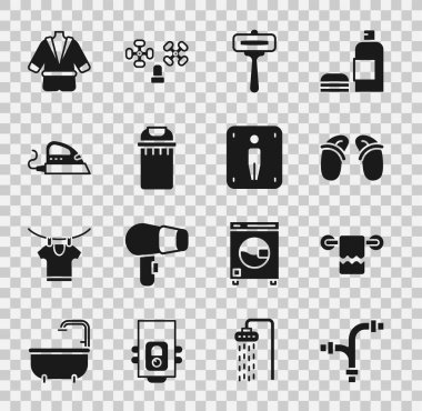 Endüstriyel metal borular, havlular, jilet, traş bıçağı, çöp kutusu, elektrikli ütü, bornoz ve erkek tuvalet ikonu. Vektör