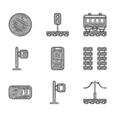 E-bilet treni, kafe ve restoran konumu, Demiryolu, demiryolu, demiryolu, elektrik prizi, yolcu vagonları ve tren istasyonu ikonu. Vektör