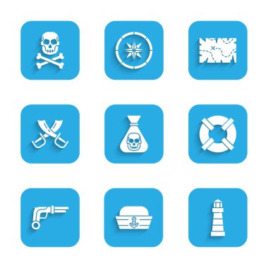 Korsan parası, Denizci şapkası, Deniz feneri, Lifebuoy, Vintage tabancalar çapraz korsan kılıçları, hazine haritası ve Kafatası ikonu. Vektör