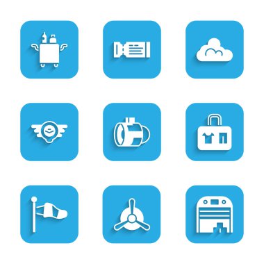 Uçak motoru türbini, uçak pervanesi, uçak hangarı, bavul, koni meteoroloji rüzgar yastığı, hava amblemi, hava bulutu hava durumu ve yiyecek ikonu için Trolley ayarlayın. Vektör