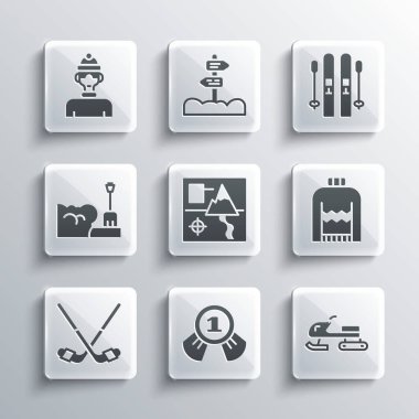 Madalya, kar arabası, Noel süveteri, katlanmış harita, buz hokeyi sopaları, kar yığınındaki kürek, kış sporcusu ve kayak ve ikon. Vektör