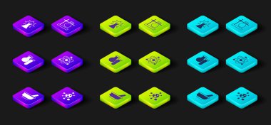 Havan topu ve tokmak, molekül, tüp tüpü, atom ve kimyasal patlama ikonunu hazırlayın. Vektör