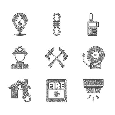 İtfaiyeci baltası, alarm sistemi, duman, zil, yanan ev, telsiz ve alev ikonlu konum ayarlayın. Vektör