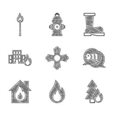 İtfaiyeci, alev, yanan orman ağacı, 911 'i arayın, yanan ev, binalar, botlar ve ateş ikonu ile kibrit. Vektör