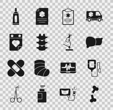 Kırık kemik, serum torbası, organ ciğeri, klinik kayıtları, omurga, doktor randevusu, merhem kremi tüpü ilacı ve mikroskop ikonu. Vektör