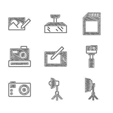Grafik tablet, Softbox light, Action camera, Photo, SD card ve rötuş simgesini ayarlayın. Vektör