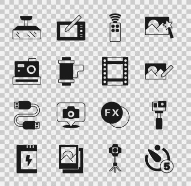 Kamera zamanlayıcısı, aksiyon kamerası, fotoğraf makinesi, uzaktan kumanda, rulo kartuşu, Softbox ışığı ve simgesini ayarla. Vektör