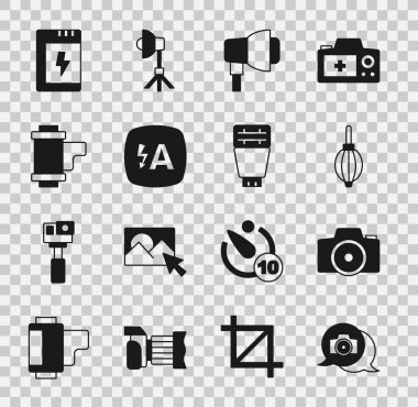 Fotoğraf makinesini, toz üfleyiciyi, Softbox ışığını, otomatik flaşı, kamera rulo kartuşunu, bataryayı ve simgeyi ayarla. Vektör