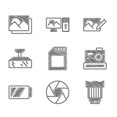 Hafıza kartını, fotoğraf makinesini, fotoğraf makinesini, fotoğraf makinesini Softbox light, rötuş ve çerçeve simgesini ayarla. Vektör