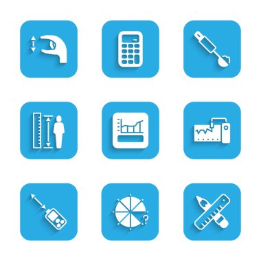 Grafik, çizelge, çizelge, diyagram, çapraz cetvel ve kalem, ölçme aleti, lazer mesafe ölçer, boy gövdesi, kaşık ve Approximate ölçüm simgesi ayarla. Vektör