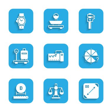 Ölçme aleti, adalet terazisi, çapraz ölçüm, daire parçaları, çapı, bavul, Calliper veya kalibre ve ölçek ve bilek saat simgesi ile ayarlayın. Vektör