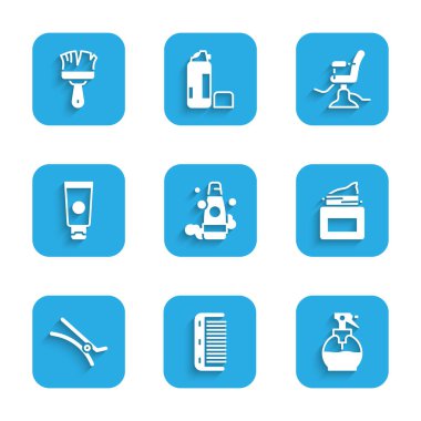 Şampuan seti, saç fırçası, kuaför tabancası sprey şişesi, krem kozmetik kavanozu, klips, tüp, berber koltuğu ve tıraş ikonu. Vektör