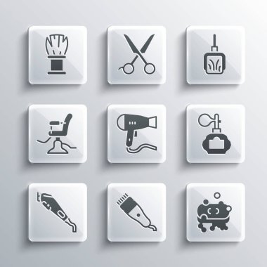 Elektrikli saç makası, köpüklü sabun, tıraş losyonu, saç kurutma makinesi, berber koltuğu, tıraş fırçası ve faraş ikonu. Vektör