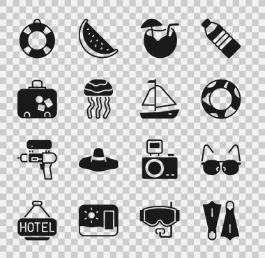 Plastik yüzgeçleri yüzme, gözlük, yüzük, hindistan cevizi kokteyli, denizanası, bavul, Lifebuoy ve yat teknesi ikonu için ayarla. Vektör