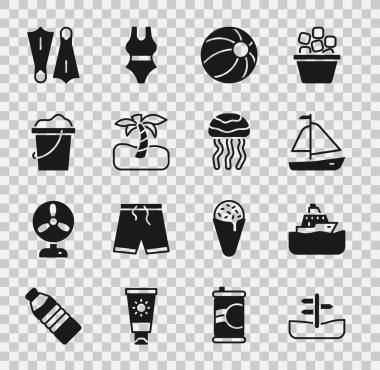 Trafik levhası, yolcu gemisi, yat yelkenlisi, plaj topu, tropik palmiye ağacı, kovadaki kum, yüzmek için lastik yüzgeçler ve denizanası ikonu. Vektör