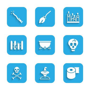 Cadılar Bayramı cadı kazanı, cadı, tuvalet kağıdı rulosu, kafatası, çapraz kemikler bahçe çitleri ahşap, yanan mum ve sihirli değnek. Vektör