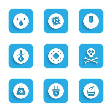 Güneş, elektrik prizi, el yıkama, kafatası uyarısı, ağırlık ölçer, meteoroloji termometresi, kırılgan cam ve su damlası ikonu. Vektör