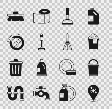 Ev temizlik servisini hazırla, Bucket, köpük, plastik pompa, elektrikli süpürge, bulaşık yıkama, süpürge için fırça ve süpürge ikonu ile. Vektör