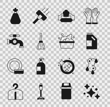 Ev temizlik servisi, sünger, ajan şişesi, ıslak mendil paketi, süpürge, su musluğu, çöp torbası ve sabun köpüğü ikonlu leğen. Vektör