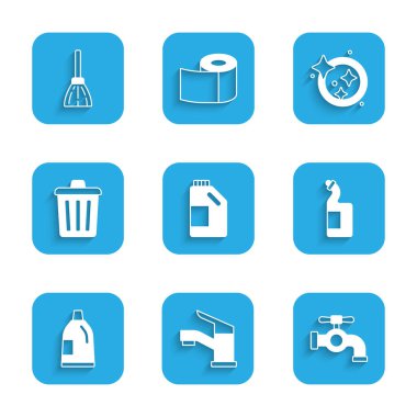 Temizlik malzemesi, su musluğu, bulaşık deterjanı, çöp tenekesi, bulaşık yıkama ve süpürge ikonu için şişe ayarla. Vektör