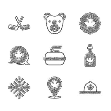 Curling, Kanada akçaağaç yaprağı, korucu şapkası, şurup şişesi, kar tanesi ve buz hokeyi sopası ikonu. Vektör