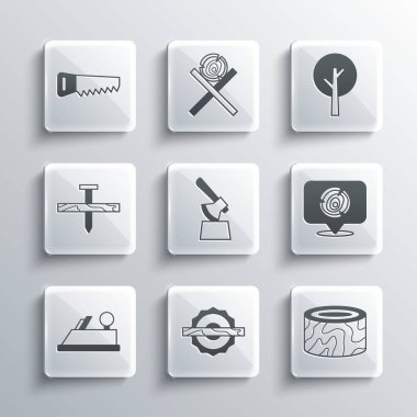 Elektrikli testere, ağaç kütüğü, tahta kütükler, balta, uçak aleti, metal çivi, El ve ikon. Vektör