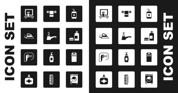 Set Botella Desinfectante Manos Grifo Agua Plancha Eléctrica Espejo Lavabo — Archivo Imágenes Vectoriales