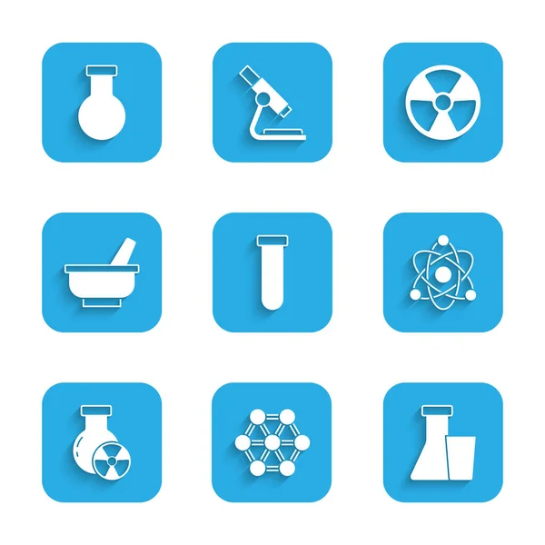 Set Tube Essai Fiole Molécule Atome Rayonnement Pilon Mortier Radioactif — Image vectorielle
