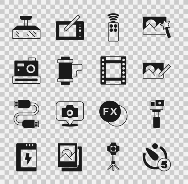 Kamera zamanlayıcısı, aksiyon kamerası, fotoğraf makinesi, uzaktan kumanda, rulo kartuşu, Softbox ışığı ve simgesini ayarla. Vektör
