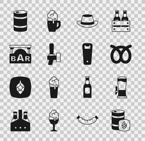 Set Barril Cerveza Metal Grifo Cerveza Pretzel Sombrero Oktoberfest Letrero — Vector de stock