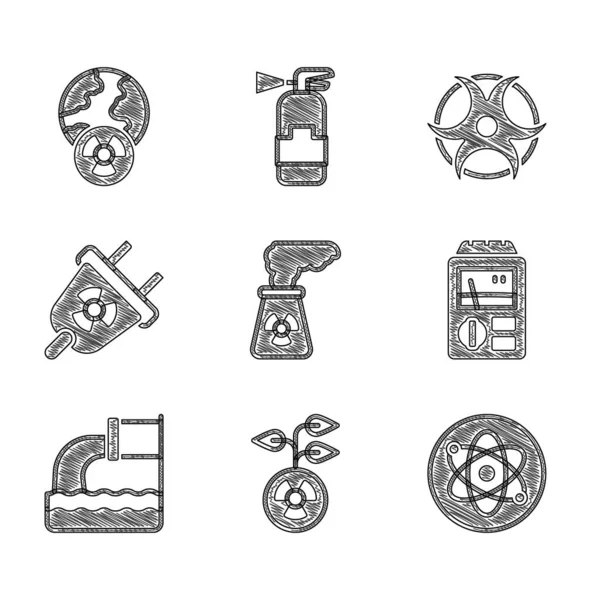 Set Central Nuclear Radioactivo Átomo Dosimetro Aguas Residuales Enchufe Eléctrico — Vector de stock