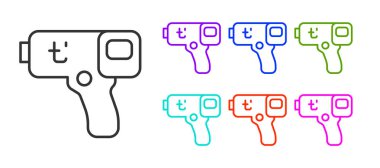 Beyaz zemin üzerinde kızılötesi ışık ikonu olan siyah çizgi dijital temassız termometre. Simgeleri renklendirin. Vektör.