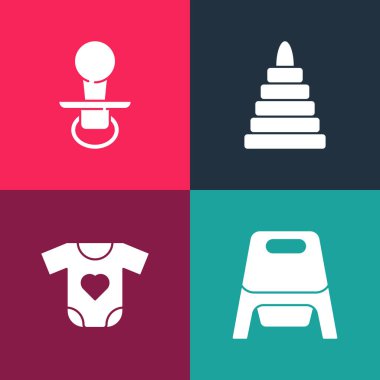 Pop sanatını, bebek tuvaletini, kıyafetlerini, piramit oyuncağını ve emzik ikonunu ayarla. Vektör.