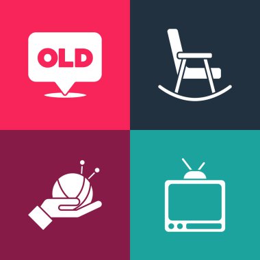 Pop Art Retro TV, örgü iğneli iplik topu, sallanan sandalye ve huzurevi ikonu. Vektör.