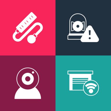 Pop Art Smart garajını, web kamerasını alarm zilini ve elektrik uzatma kablosu ikonunu ayarla. Vektör