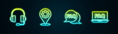 Hat kulaklıkları, teçhizatlı konum, konuşma balonu SSS ve dizüstü bilgisayar ve. Parlayan neon ikonu. Vektör