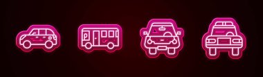 Hatchback arabası, otobüs, araba ve polis ve teşhirci ayarlayın. Parlayan neon ikonu. Vektör