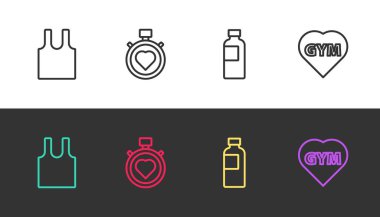 Çizgisiz kolsuz tişört, ortada kalp kronometresi, fitness sallayıcısı ve siyah beyaz spor salonu kalbi. Vektör