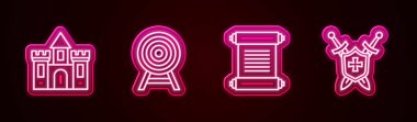 Kale, kale, oklu hedef, ferman, parşömen, parşömen ve Ortaçağ kalkan kılıçları. Parlayan neon ikonu. Vektör