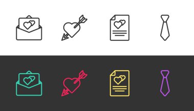 Çizgi halinde tebrik kartı, kalbi ve oku olan Amour ve siyah beyaz kravat. Vektör