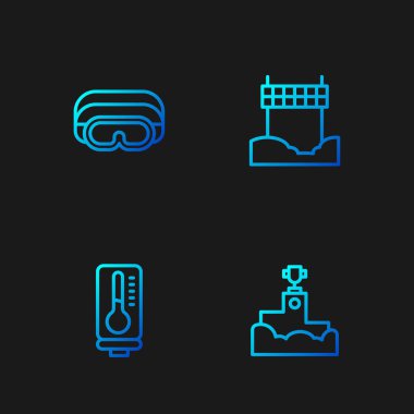 Set hattı ödüllü podyum, Meteoroloji termometresi, kayak gözlükleri ve kurdele bitiş çizgisi. Renk simgeleri. Vektör