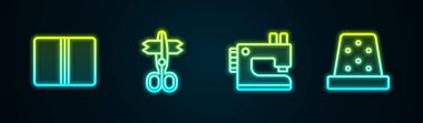 Tekstil kumaş rulosu, makas, dikiş makinesi ve dikiş makinesi ayarlayın. Parlayan neon ikonu. Vektör