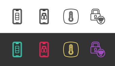 Akıllı telefon şarjı ayarla, dijital kapı kilidi, termostat ve siyah beyaz. Vektör