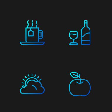 Apple, Sun ve Bulut hava durumu, çay poşeti ve şarap bardağıyla bir fincan çay. Renk simgeleri. Vektör