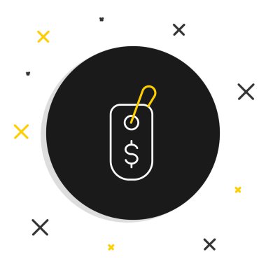 Beyaz arka planda dolar simgesi olan Line Price etiketi. Rozet fiyatına. Dolar sembollü indirim. Reklam etiketi indirimi. Renkli taslak konsepti. Vektör