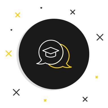 Beyaz arkaplanda izole edilmiş konuşma baloncuğu simgesindeki satır mezuniyet başlığı. Tassel ikonlu mezuniyet şapkası. Renkli taslak konsepti. Vektör